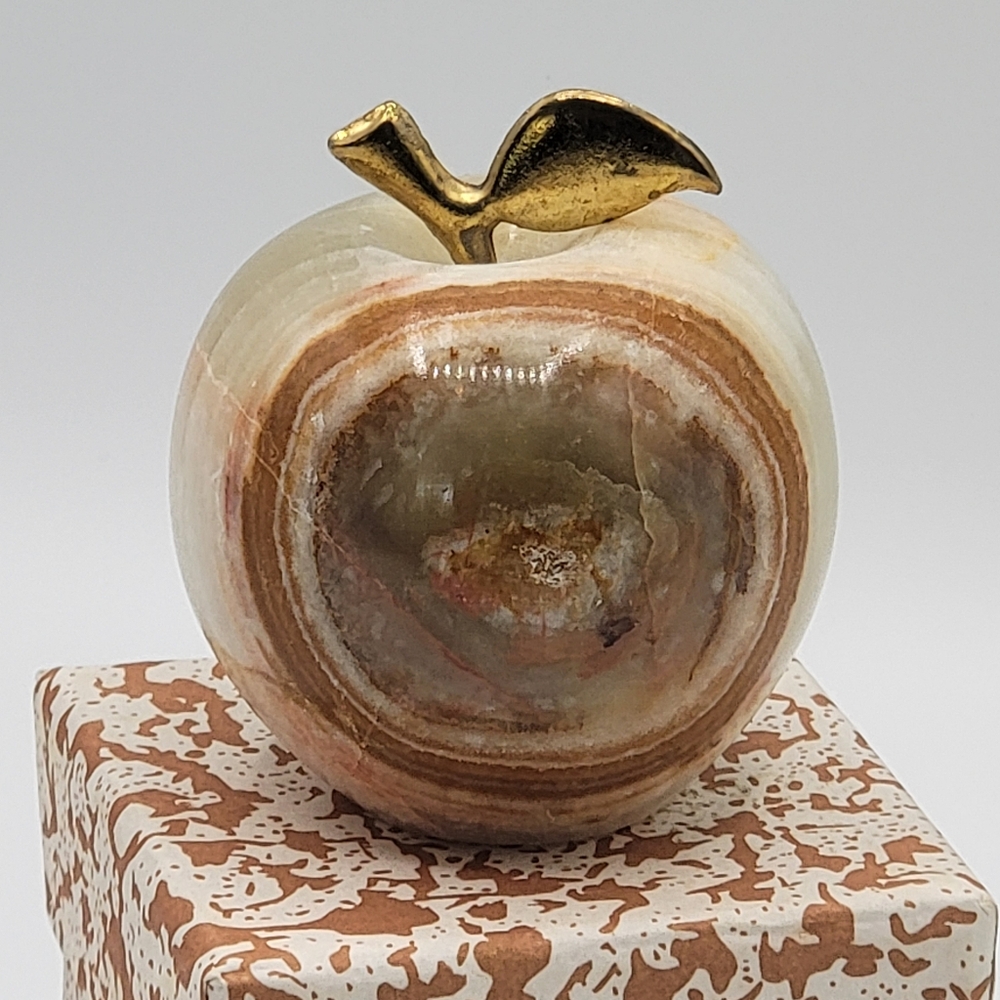Natural Onyx Apple Paperweight with Golden Leaf Accent